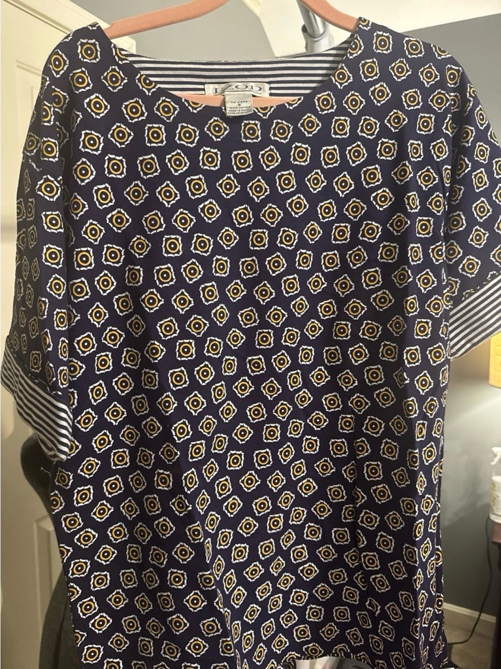 Izod Navy Geometric Short Sleeve Tunic with Yellow Accents